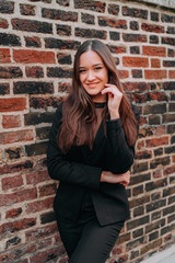 Fototapeta na wymiar Portrait of Young Brunette Girl with Long Hair, Fashion Street Style