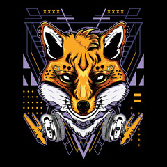 Fototapeta premium Modern kitsune demon fox with headphones techno geometry on black background for t-shirt, sticker, posters. Animal tattoo style