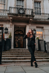 Portrait of Young Brunette Girl with Long Hair, Fashion Street Style