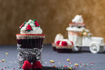 close-up photograph of christmas cupcake with unfocused background