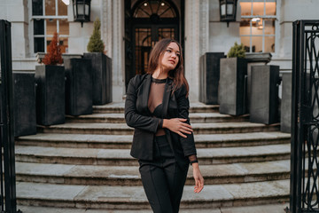 Portrait of Young Brunette Girl with Long Hair, Fashion Street Style