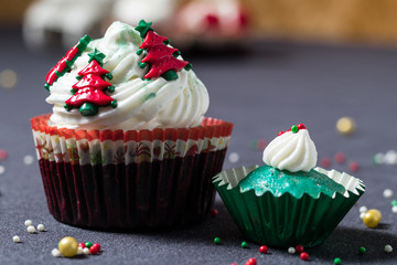 close-up photograph of christmas cupcake with unfocused background
