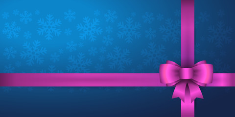 Christmas abstract blue background with purple ribbon, bow and snowflakes	