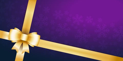 Christmas vintage purple background with golden ribbon, bow and snowflakes