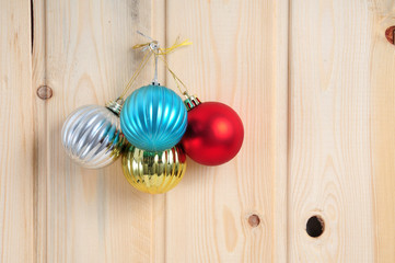 Christmas and New Year's toys on a wooden background