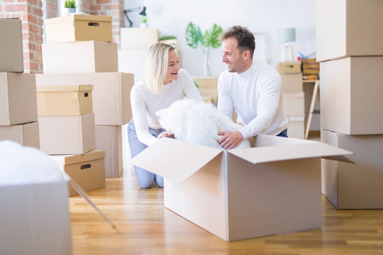 Young beautiful couple with dog sitting on the floor at new home around cardboard boxes