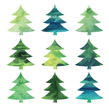  Set of Christmas trees. Watercolor illustration 