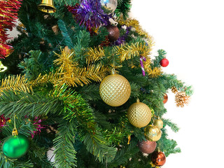 Christmas decoration with artificial pine tree and golden ball