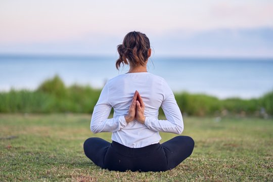 Young beautiful sportwoman practicing yoga. Coach sitting on backview teaching reverse prayer pose at park