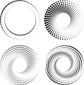 Set of black halftone dots in circle form. Dotted frame. Trendy design element for border frame, logo, sign, symbol, prints, web pages, template, posters and monochrome pattern