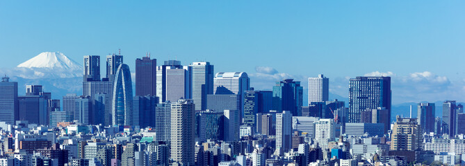 (東京都-風景パノラマ)青空の下の富士山と新宿ビル群５