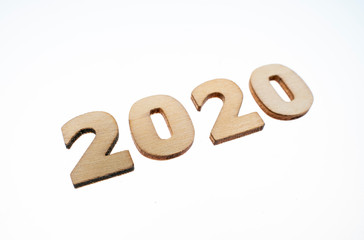 Happy New Year 2020 concept, Wood block 2020 on white background