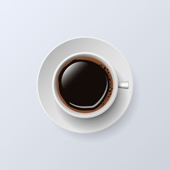 A Cup of black Coffee and saucer, top view, realistic isolated on white background. Vector illustration.