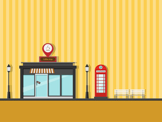 Cafe Street Coffee Shop and red public telephone booths and white chairs. Vector Illustration