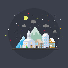 Night building landscape in winter with full moon and stars, flat design style. Vector illustration