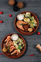 grilled salmon red fish and shrimp set close up food for restaurant menu