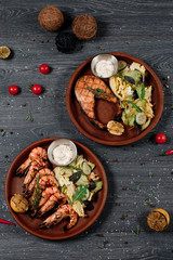 grilled salmon red fish and shrimp set close up food for restaurant menu