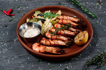 grilled salmon red fish and shrimp set close up food for restaurant menu