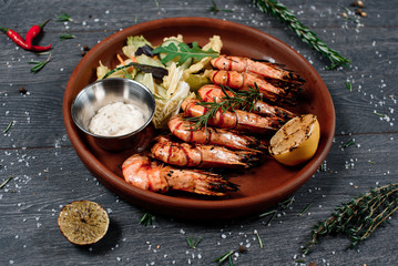 grilled salmon red fish and shrimp set close up food for restaurant menu