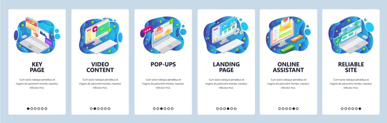 Mobile app onboarding screens. Safe internet access, popup, video content, business charts, secure keys. Vector banner template for website and mobile development. Web site design flat illustration