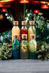 set of lemonade in bottle vegan close up food for restaurant menu