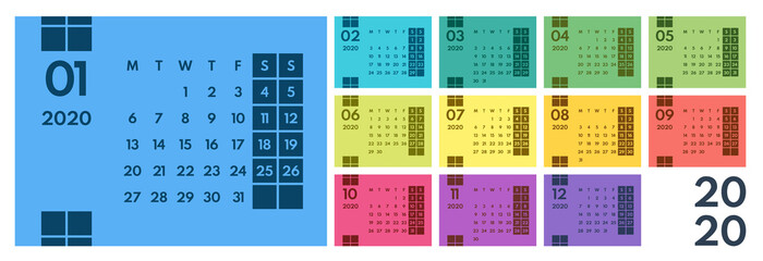 2020 rainbow horizontal office vector calendar