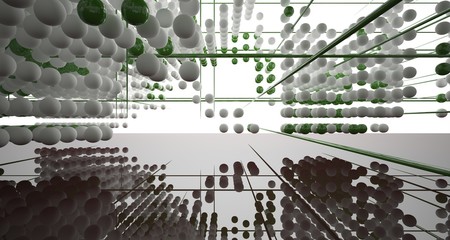 Abstract brown  interior from array white and green spheres with window. 3D illustration and rendering.