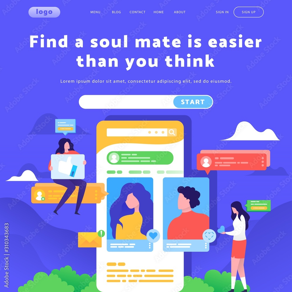 Poster vector web site design template. online dating profile and chat messaging. landing page concepts for