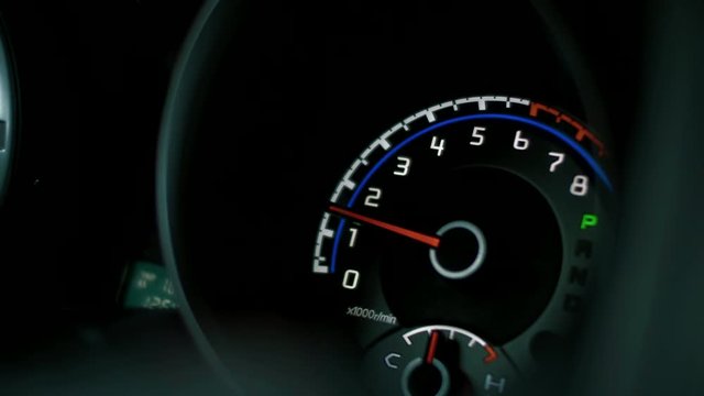 Speedometer and tachometer of a fast-moving car close-up, Race, acceleration, acceleration, speedometer needle.