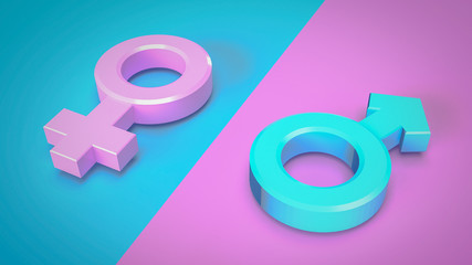 3D rendering images of male and female sex symbols that are equal or live together. Focus on Blue and Pink Color.