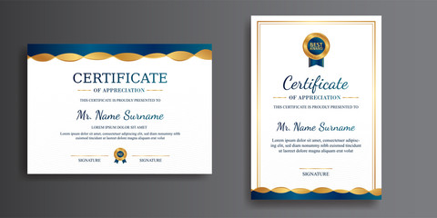 Premium certificate of achievement template, gold and blue color, clean modern design with gold badge