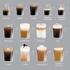 Naklejki  Zestaw rodzajów kawy, realistyczne na białym tle ilustracja wektorowa