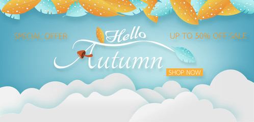Hello Autumn sales composition in paper cut style with colorful leaves. Vector illustration.