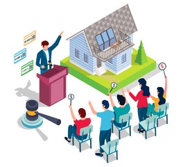 Home auction and bidding vector concept for web banner, website page