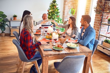 Beautiful family meeting smiling happy and confident. Eating roasted turkey celebrating Christmas at home