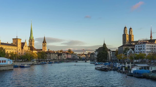 Zurich city skyline with view of Limmat river with landmark buildings in Zurich, Switzerland