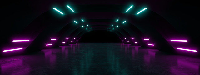 Colored neon lamps in a dark tunnel. 3d rendering image.