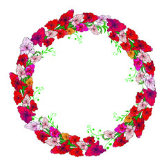 Round frame with beautiful flowers of the gladiolus, one branch of gladiolus . Festive floral circle for your season design