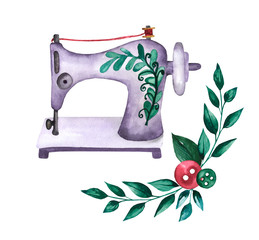 Sewing machine. Cute watercolor set. Female needlework. Sewing tools isolated on a white background.