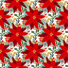 Poinsettias seamless pattern, texture fill, winter floral background.