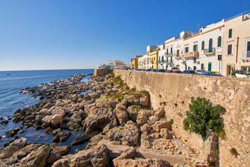 Fototapeta na wymiar Coastline Cityscape With Colorful Houses at Gallipoli Puglia Italy