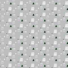 Gift box and Christmas tree pattern on gray background