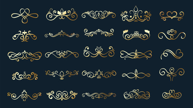 Gold Invite Ornamental curls, swirls divider and filigree ornaments vector design collection for wedding invitation and calligraphy decoration.	