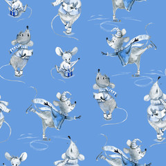 Watercolor seamless pattern with mice, winter cute characters