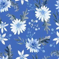 Gordijnen Aquarel naadloos patroon met zwarte en blauwe planten © dinkoobraz