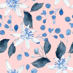 Watercolor seamless pattern with black and blue plants
