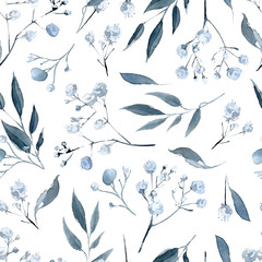 Watercolor seamless pattern with black and blue plants
