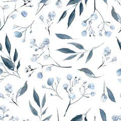 Fototapete Aquarellblätter Aquarell nahtloses Muster mit schwarzen und blauen Pflanzen
