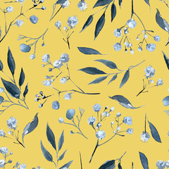 Watercolor seamless pattern with black and blue plants