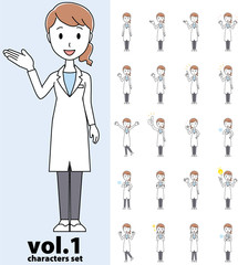 Set of various poses of female doctor wearing a white coat vol.1
